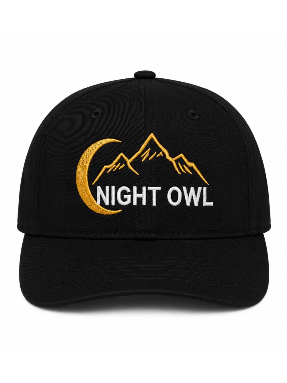 🌙 Night Owl Embroidered Black Baseball Cap Moon & Mountain Adjustable Hat Unisex